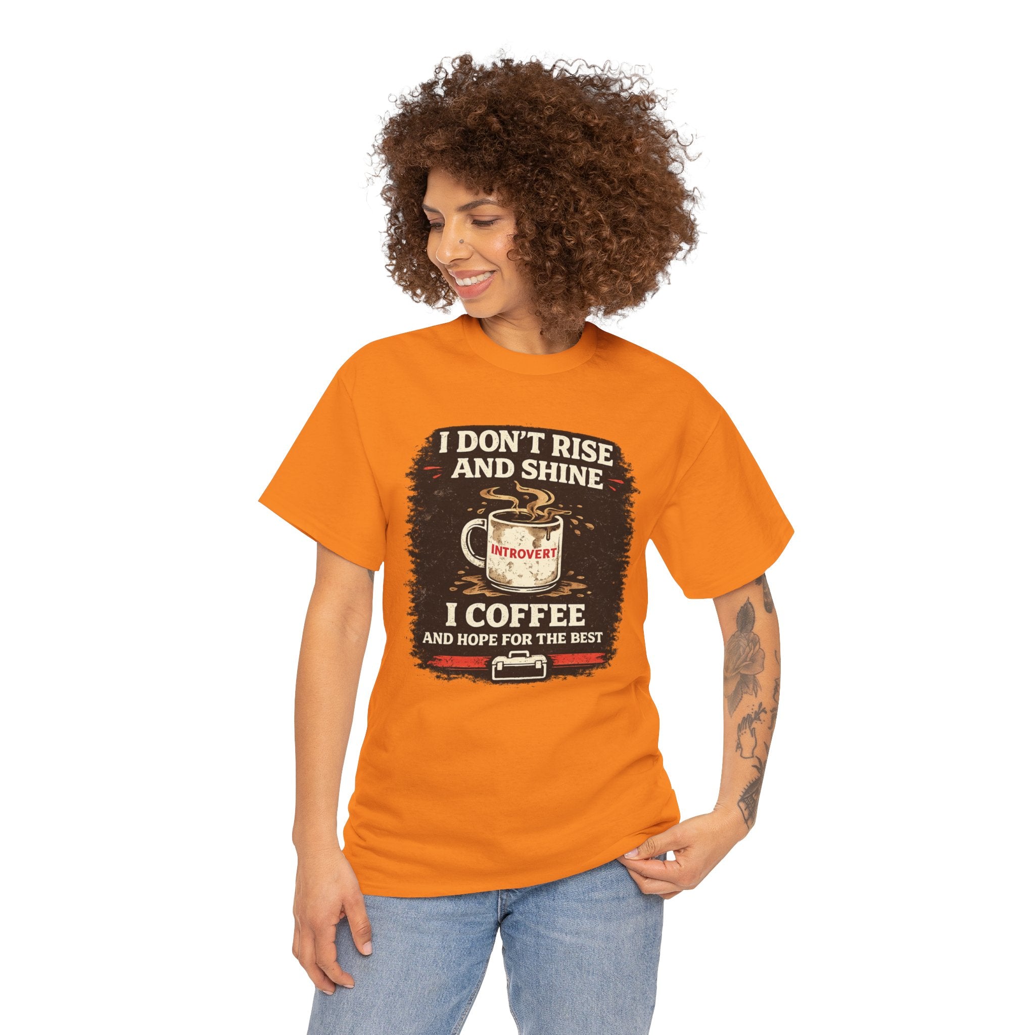 Coffee Introvert T-Shirt — “I Don't Rise and Shine, I Coffee” Funny Mug Graphic Tee
