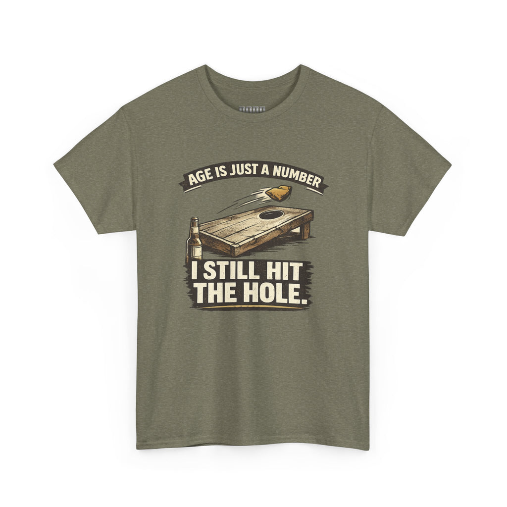 Cornhole Graphic Tee — "Age Is Just a Number, I Still Hit the Hole" Funny Corn Toss Shirt