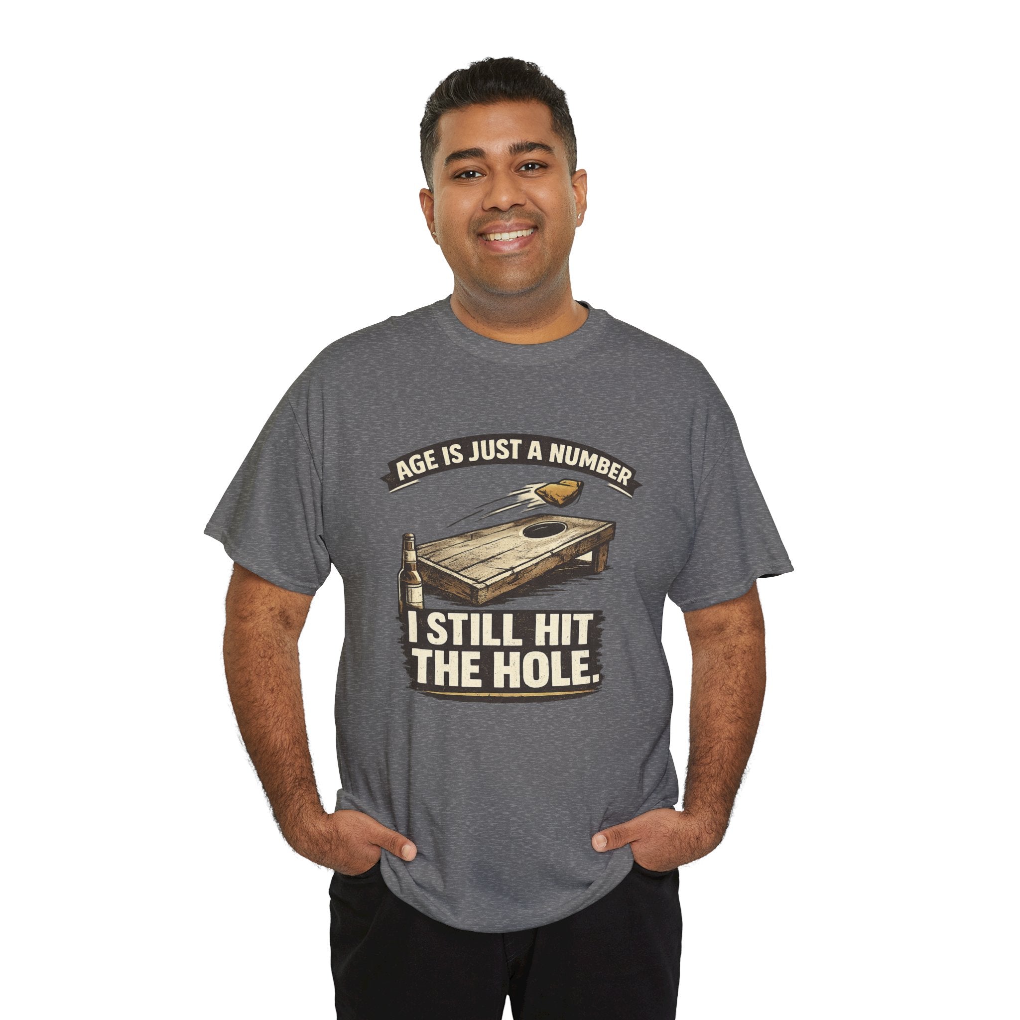 Cornhole Graphic Tee — "Age Is Just a Number, I Still Hit the Hole" Funny Corn Toss Shirt