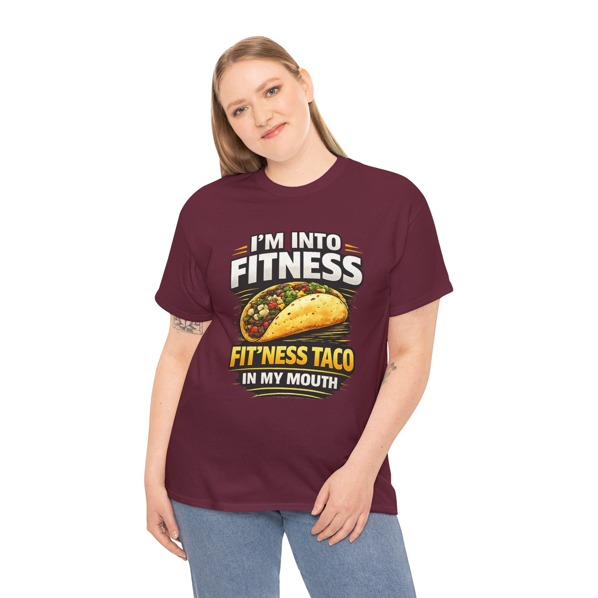 Funny Taco T-Shirt - "I'm Into Fitness, Fit'ness Taco in My Mouth" Graphic Tee