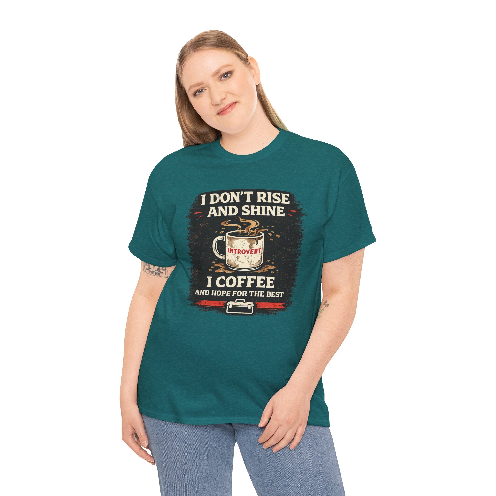 Coffee Introvert T-Shirt — “I Don't Rise and Shine, I Coffee” Funny Mug Graphic Tee