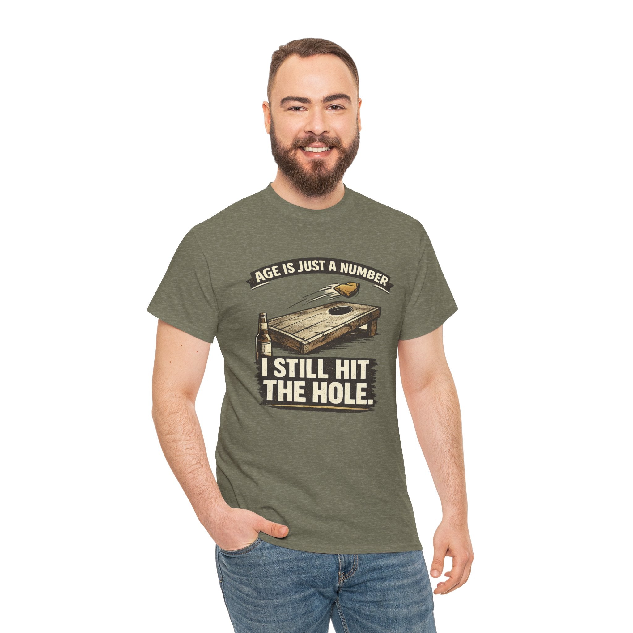 Cornhole Graphic Tee — "Age Is Just a Number, I Still Hit the Hole" Funny Corn Toss Shirt
